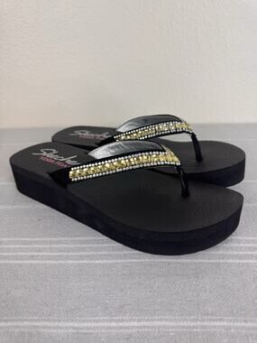 Skechers Yoga Foam Vinyasa Bedazzled Thong Flip Flop Platform Sandals Black 8